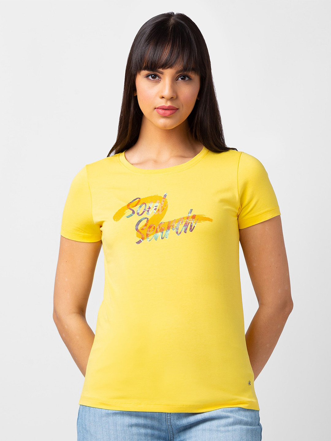 

SPYKAR Women Typography Printed T-shirt, Yellow