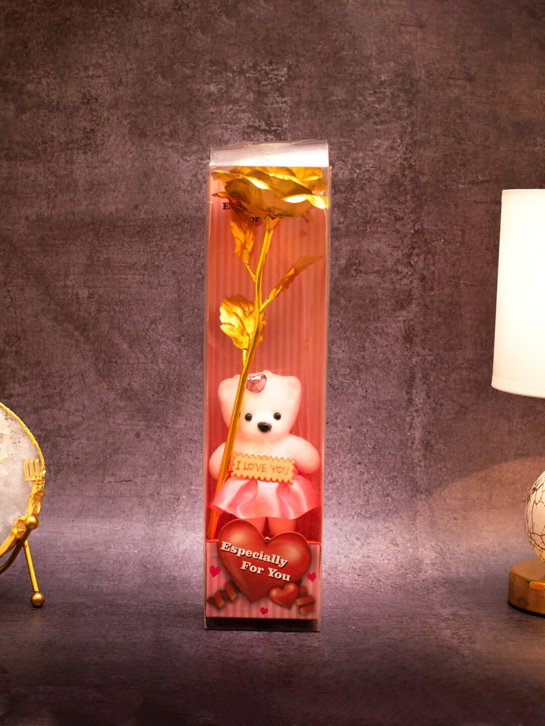 

StatueStudio White Textured Rose With Teddy Bear Showpiece Valentine Gift Box, Gold