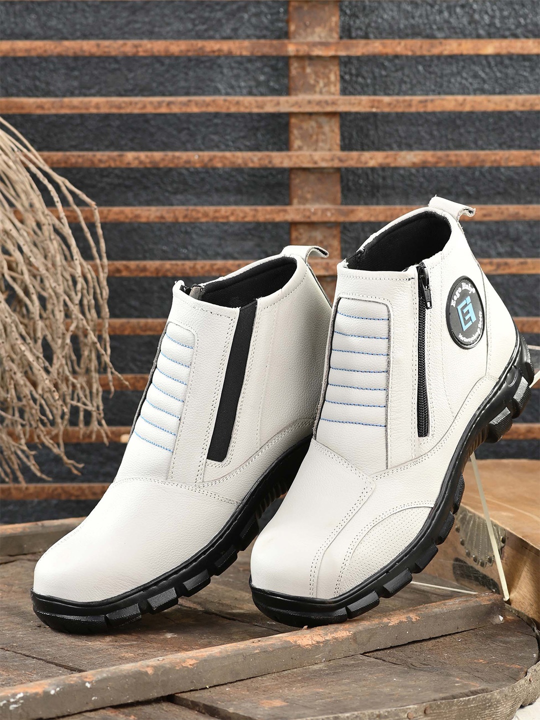 

Eego Italy Men Leather Mid Top Biker Boots, White