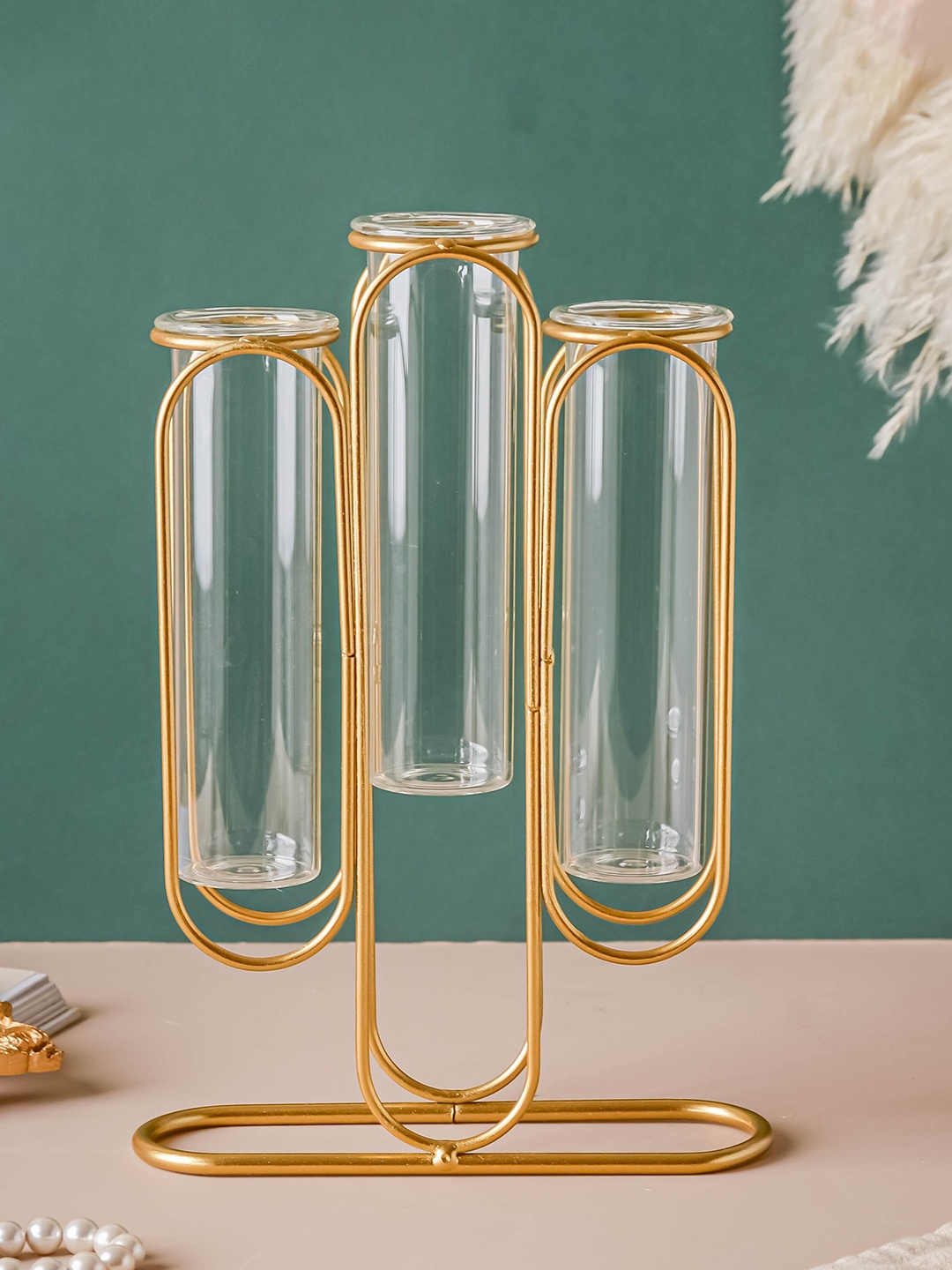 

Nestasia Transparent & Gold-Toned Triple Tube Vase With Stand