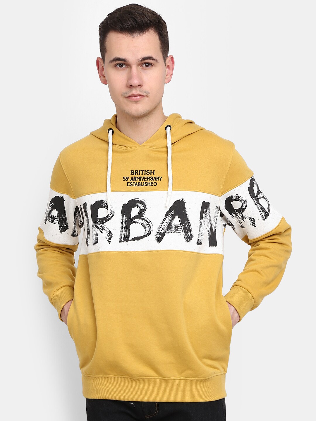 

V-Mart Men Printed Hooded Fleece Sweatshirt, Mustard
