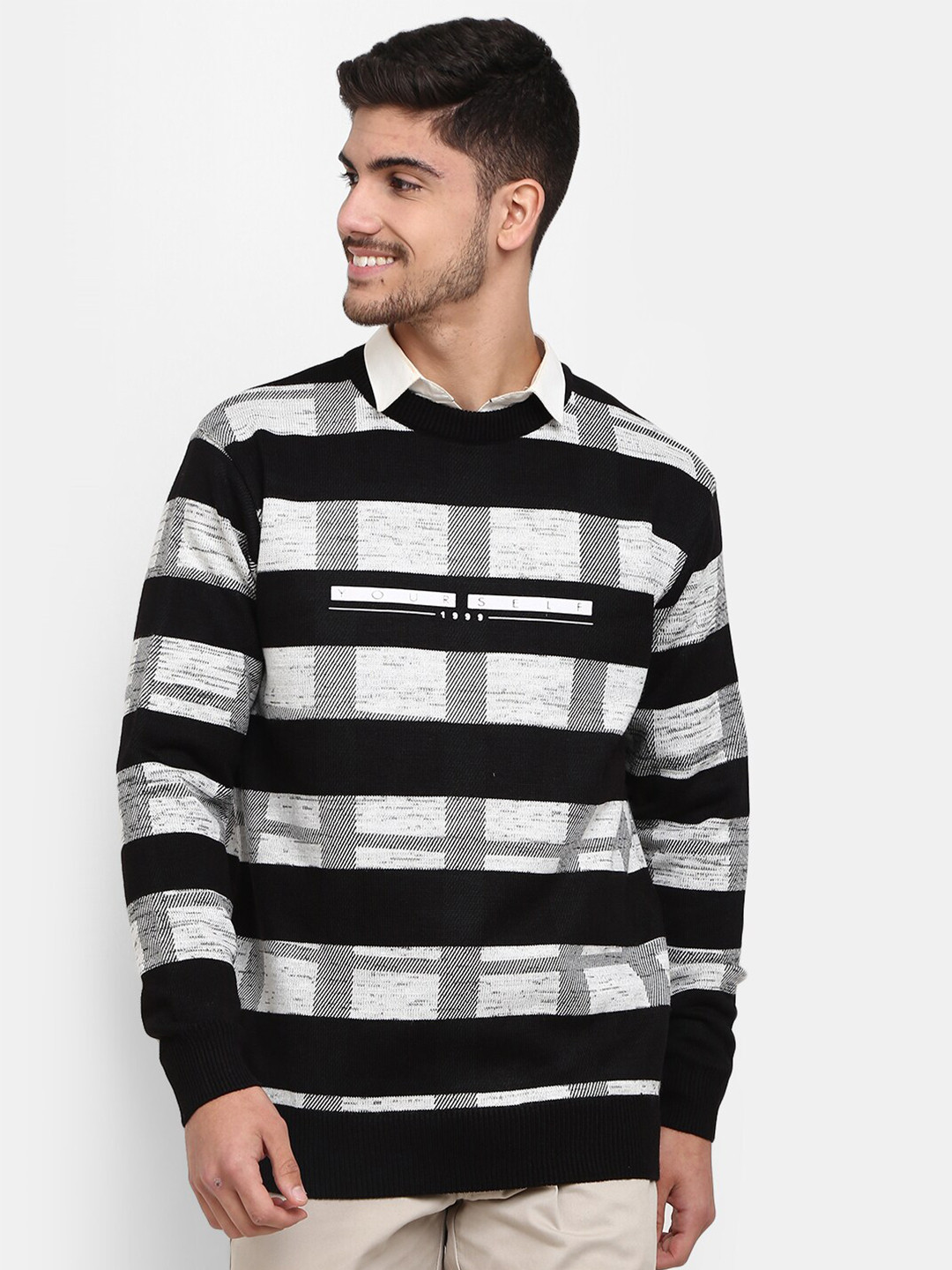 

V-Mart Men Round Neck Striped Sweatshirt, Black