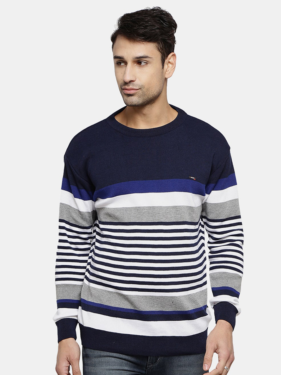 

V-Mart Men Navy Blue Striped Sweatshirt