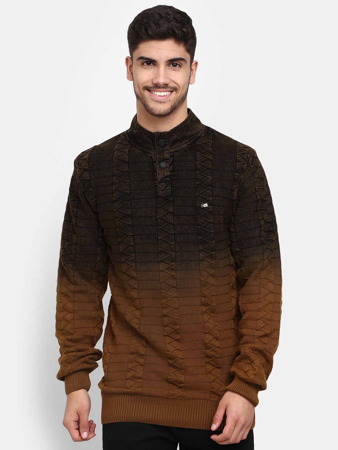 

V-Mart Men Mock Neck Self Design Fleece Sweatshirt, Brown