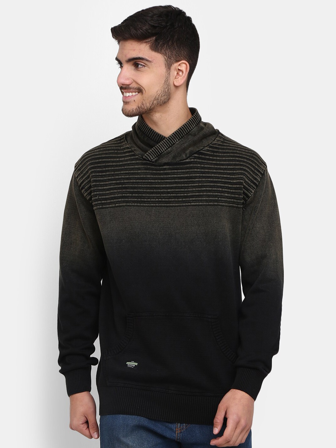 

V-Mart Men Mock Neck Self Design Fleece Sweatshirt, Black