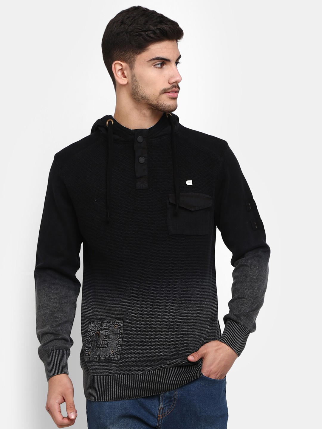 

V-Mart Men Self Design Hooded Fleece Sweatshirt, Grey