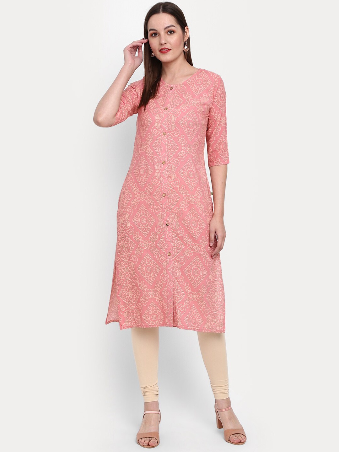 

V-Mart Women Bandhani Printed Thread Work Indie Prints Kurta, Pink