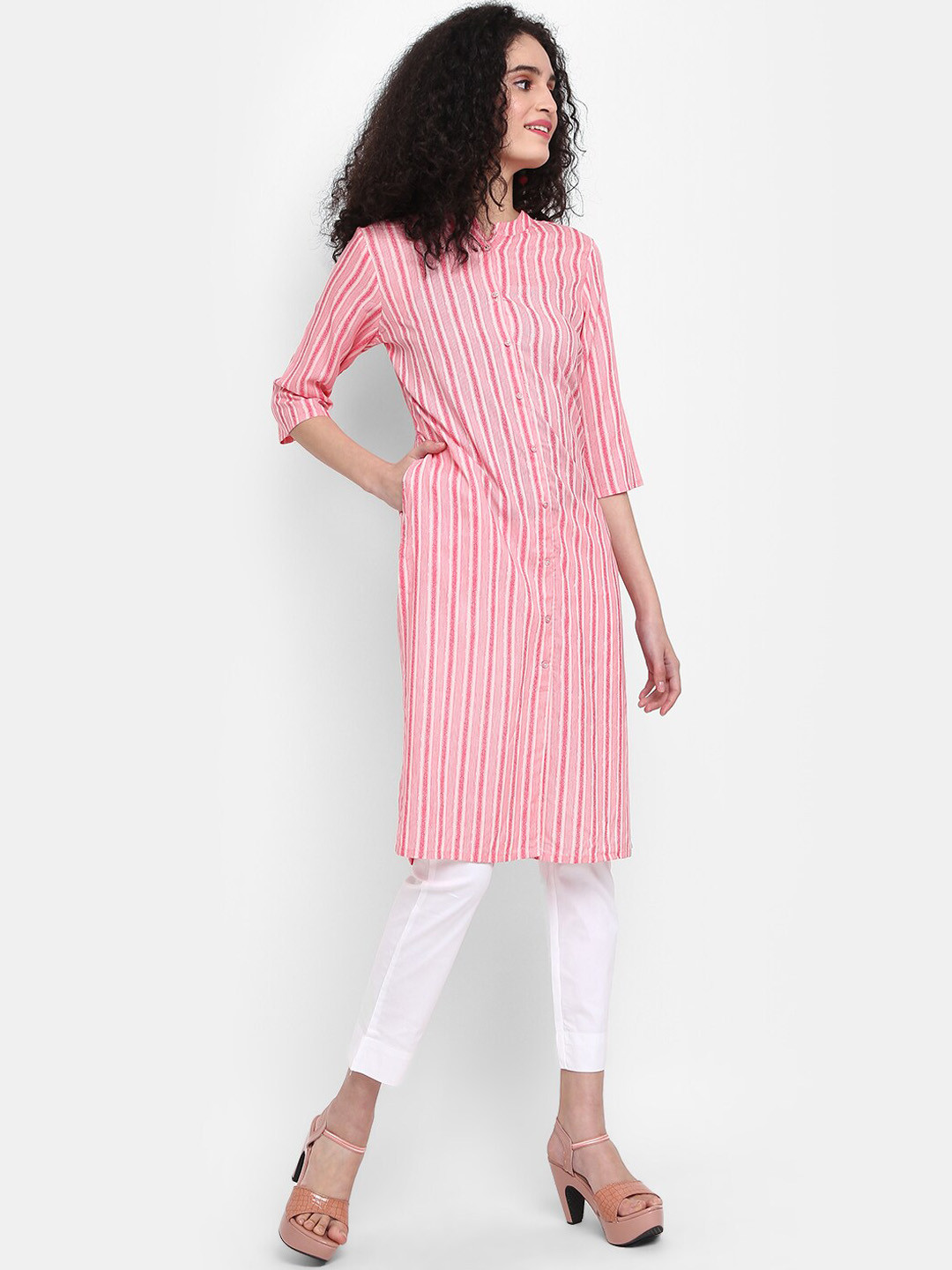 

V-Mart Women Striped Pastels Kurta, Pink