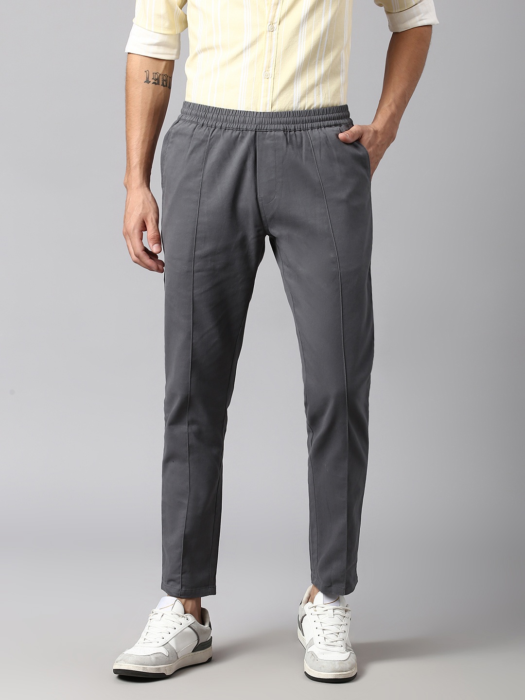 

Hubberholme Men Smart Slim Fit Easy Wash Pure Cotton Trousers, Grey