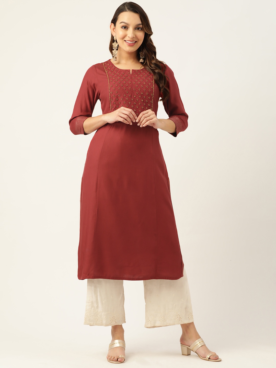 

ZIZO By Namrata Bajaj Women Yoke Design Cotton Kurta, Maroon