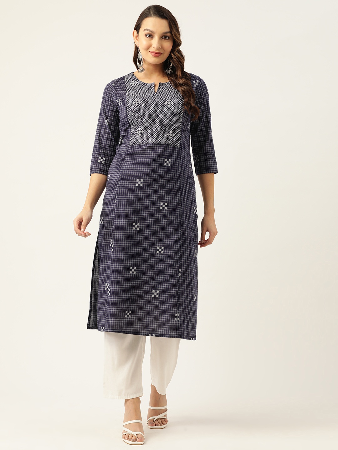 

ZIZO By Namrata Bajaj Women Geometric Thread Work Cotton Kurta, Navy blue
