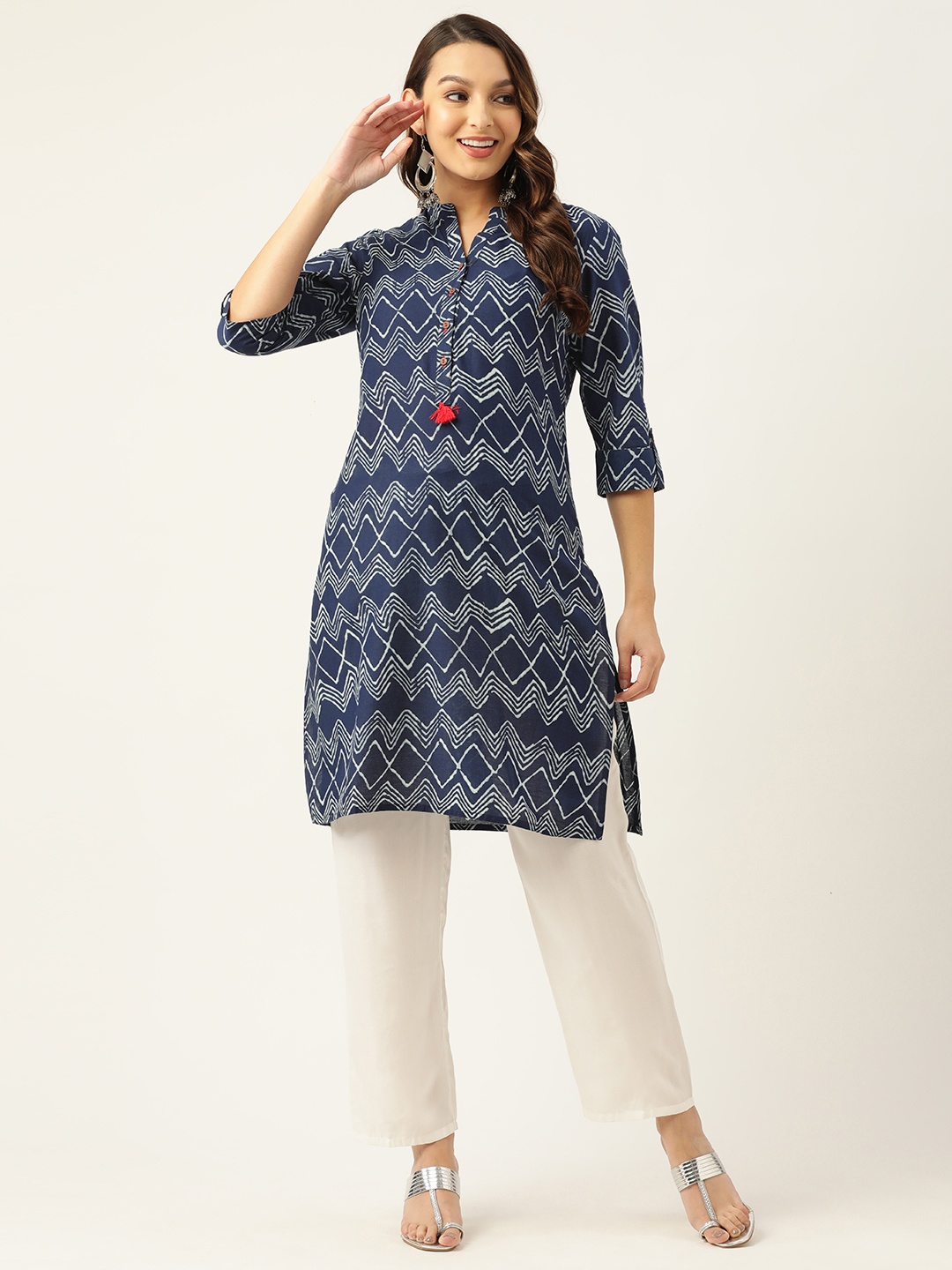 

ZIZO By Namrata Bajaj Women Chevron Printed Cotton Kurta, Navy blue