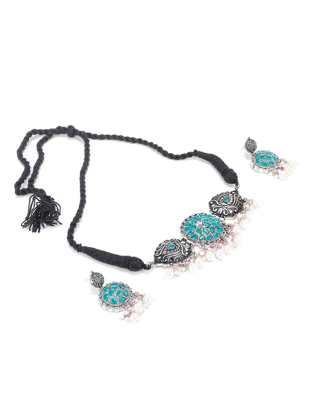 

PRASUB Rhodium-Plated Stone Studded & Beaded Jewellery Set, Silver
