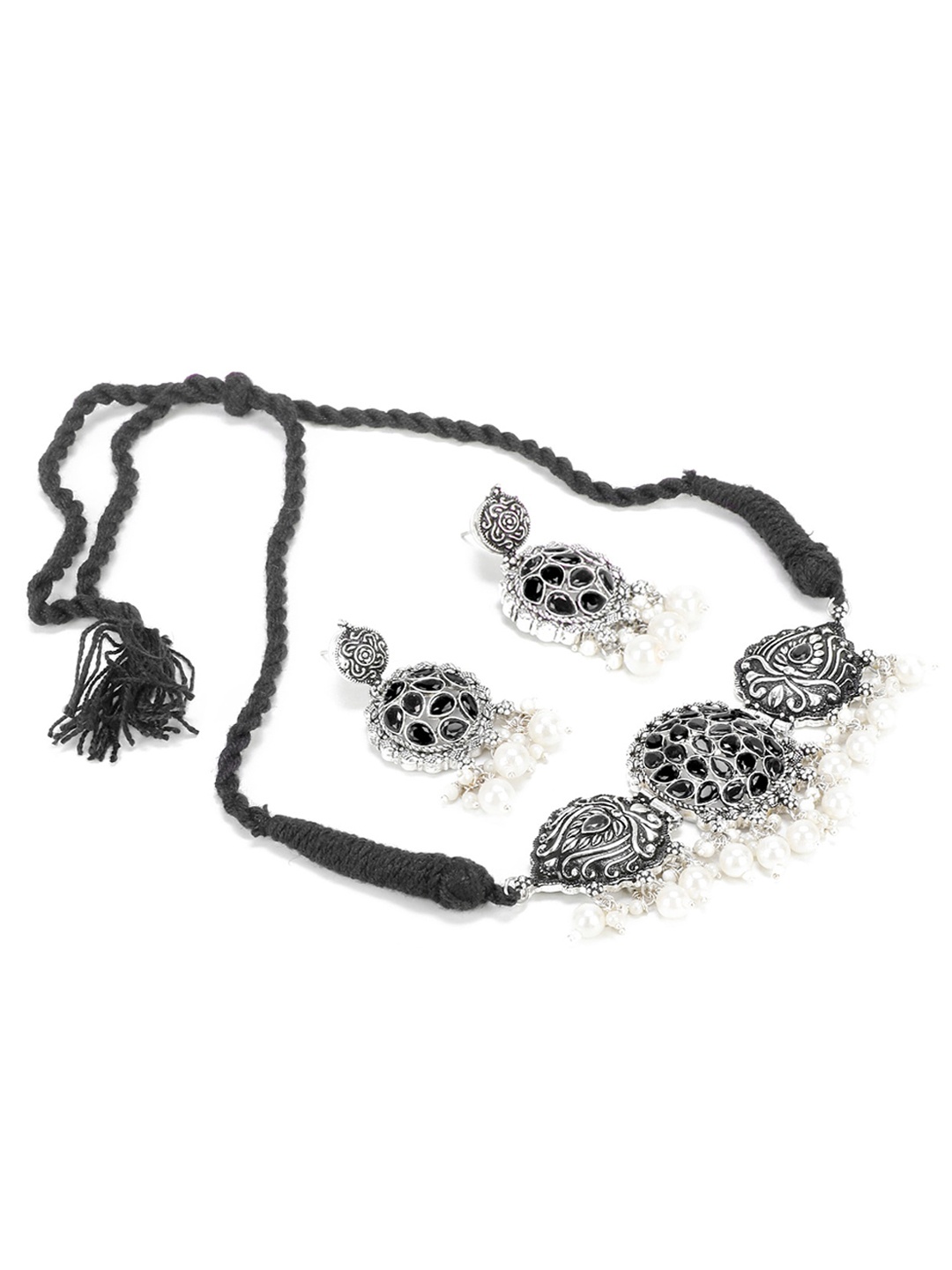 

PRASUB Rhodium-Plated Stones-Studded & Pearl Detailed Oxidised Alloy Jewellery Set, Black