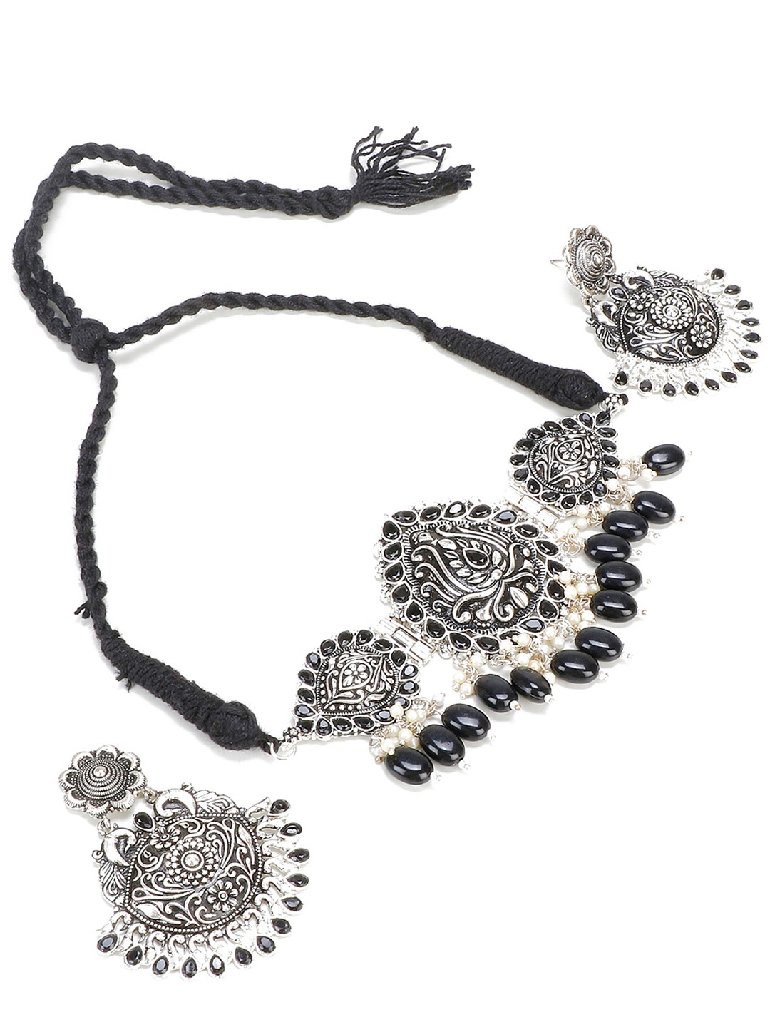 

PRASUB Rhodium-Plated Stone-Studded & Beaded Jewellery Set, Silver