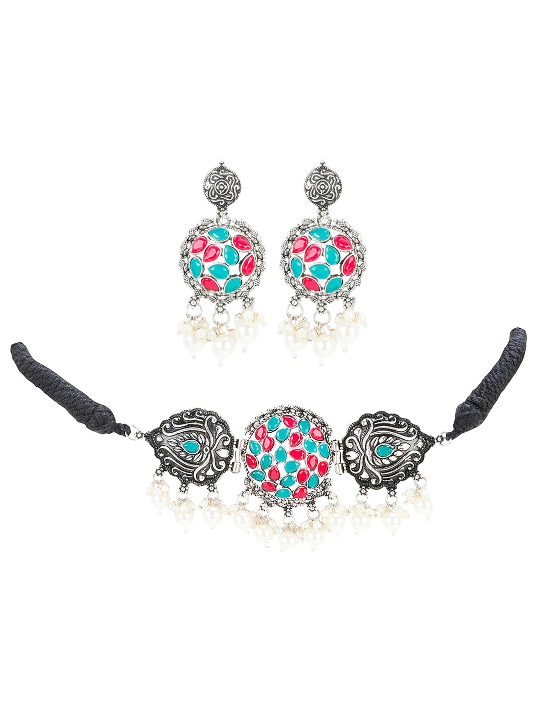 

PRASUB Rhodium-Plated Stone Studded Oxidized Choker Jewellery Set, Silver