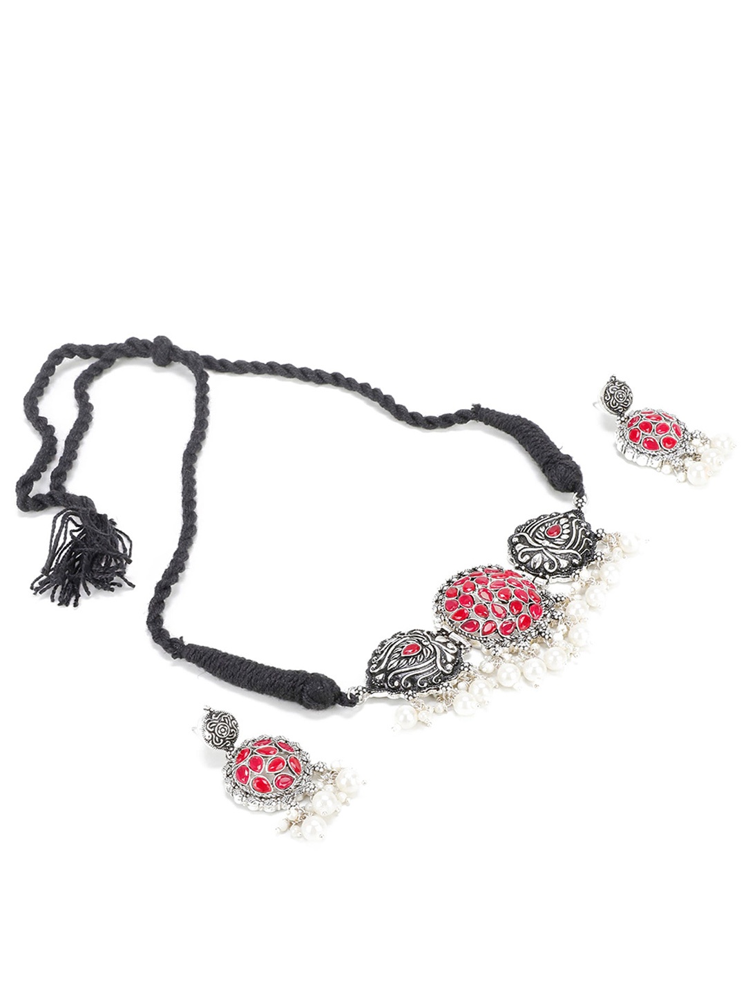 

PRASUB Rhodium-Plated Stone Studded & Pearls Beaded Oxidized Jewellery Set, Red