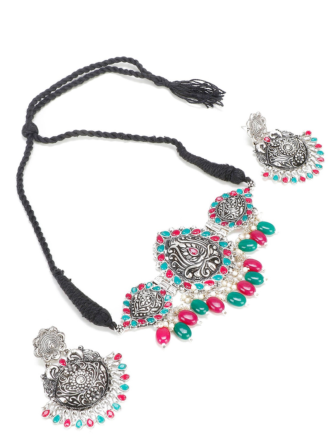 

PRASUB Rhodium-Plated Stone Studded & Beaded Oxidized Jewellery Set, Red