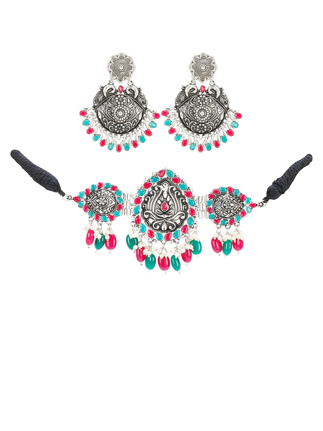 

PRASUB Rhodium-Plated Stone Studded Oxidized Choker Jewellery Set, Silver