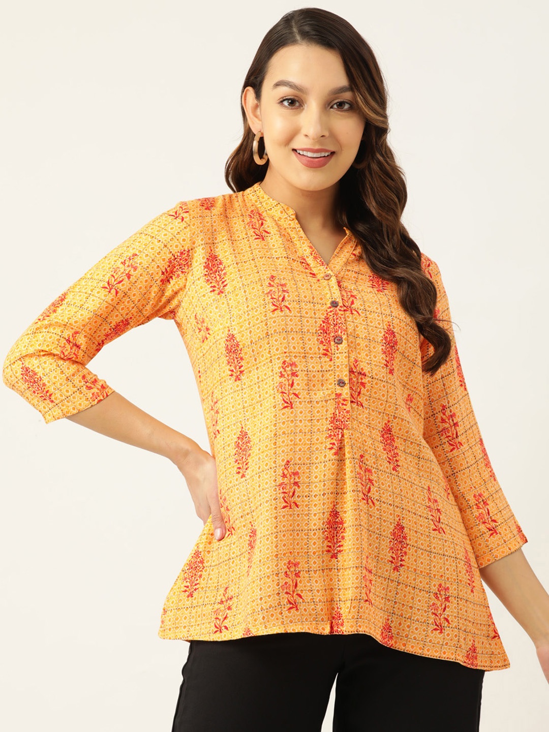 

ZIZO By Namrata Bajaj Ethnic Motifs Printed A-Line Crepe Top, Yellow