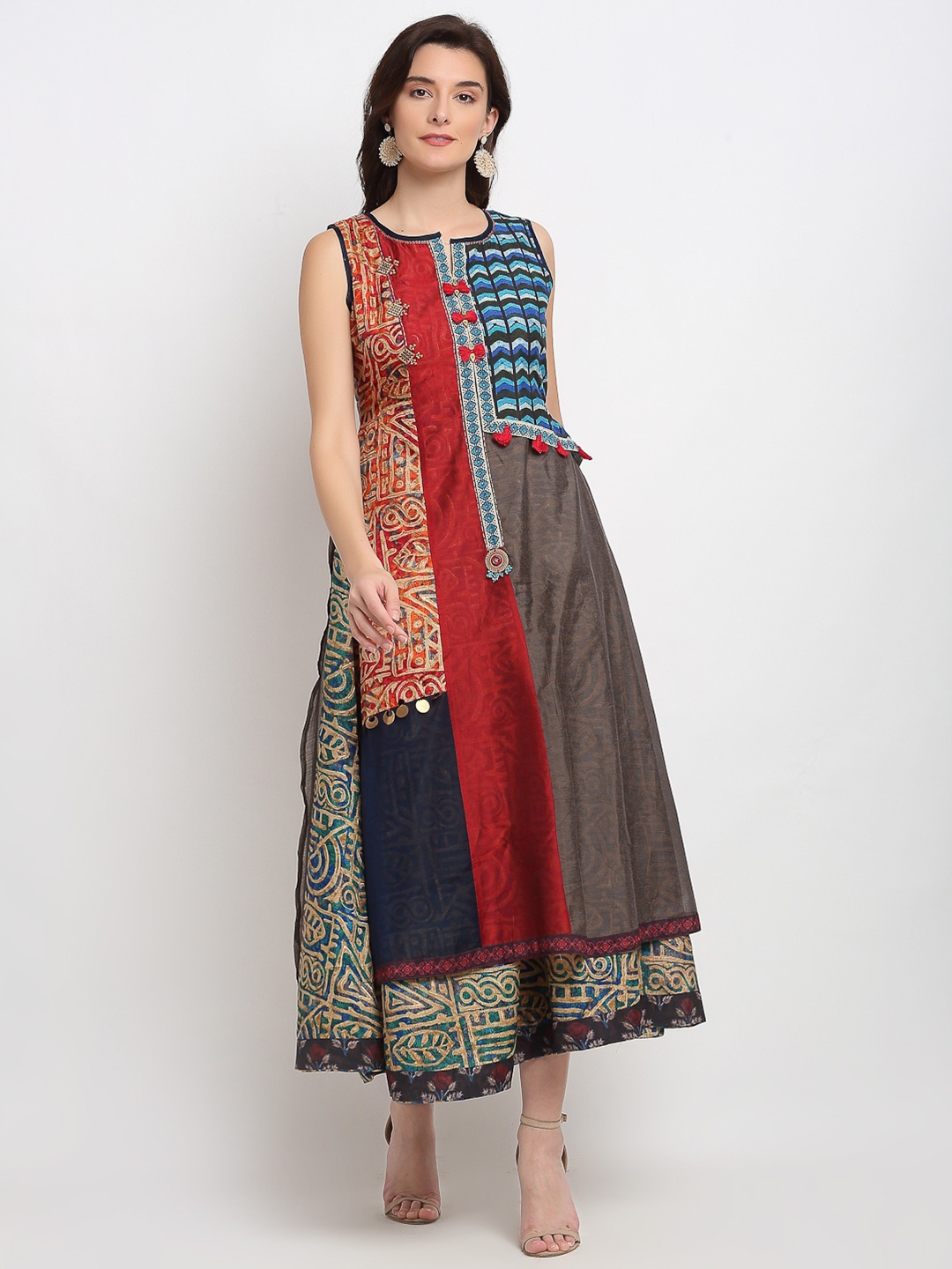 

Lovely Lady Ethnic Motifs Formal Notch Neck Maxi Dress, Maroon
