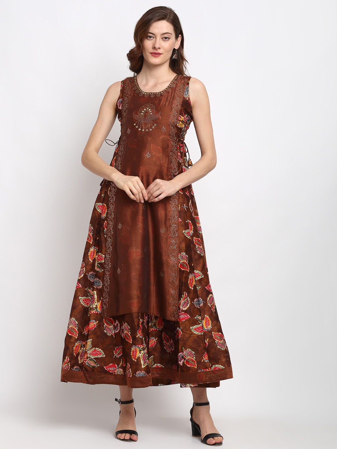 

Lovely Lady Floral Printed Ethnic Round Neck Maxi Dress, Brown
