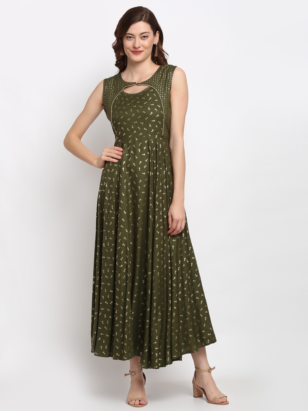 

Lovely Lady Floral Printed Ethnic Round Neck Maxi Dress, Olive