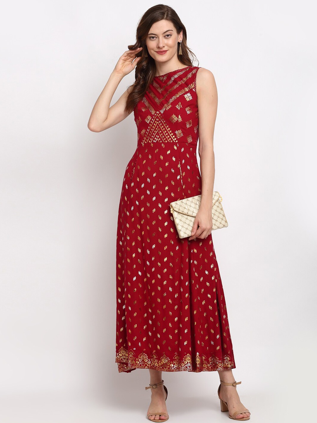 

Lovely Lady Ethnic Printed Round Neck Formal Maxi Dress, Maroon