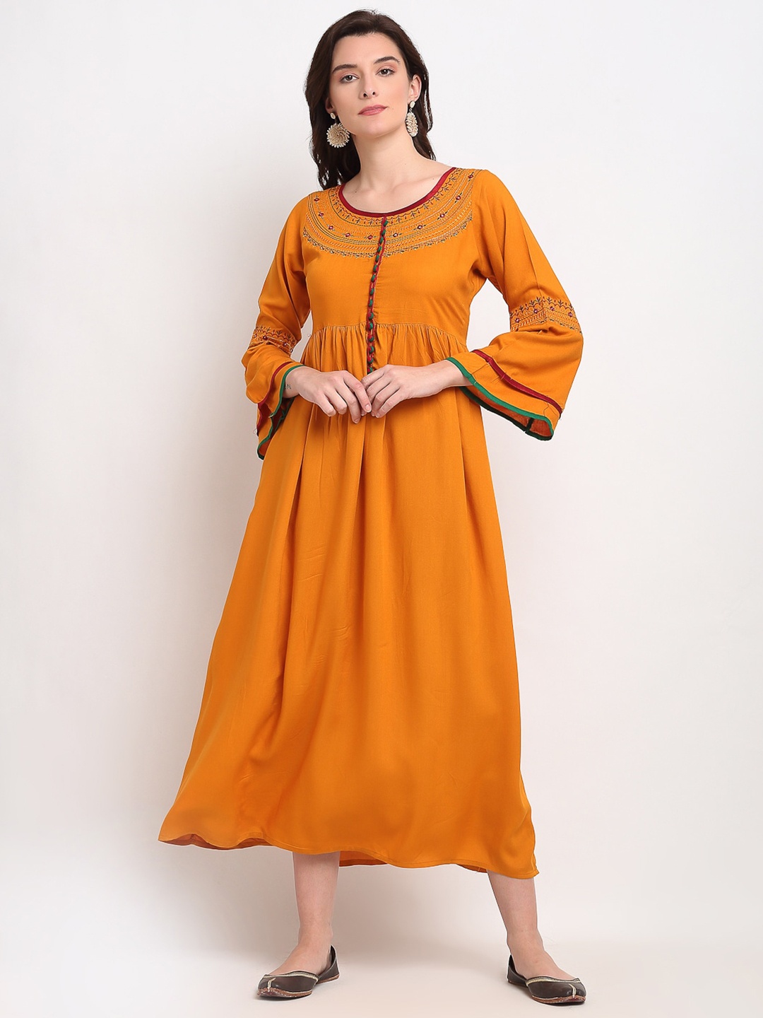 

Lovely Lady Ethnic Motifs Embroidered Bell Sleeves Midi Dress, Mustard