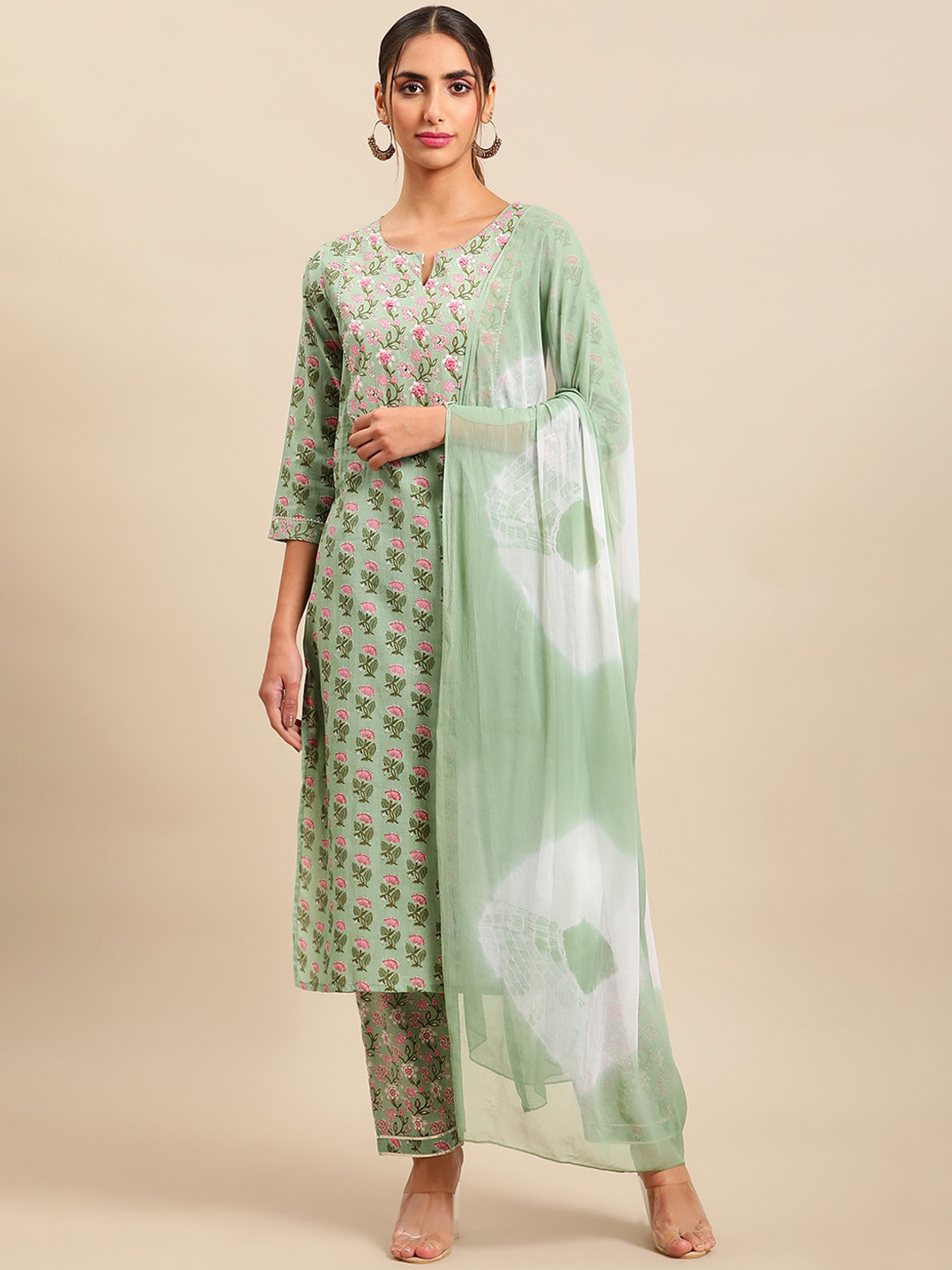 

Sangria Women Floral Printed Gotta Patti Pure Cotton Kurta with Trousers & With Dupatta, Sea green