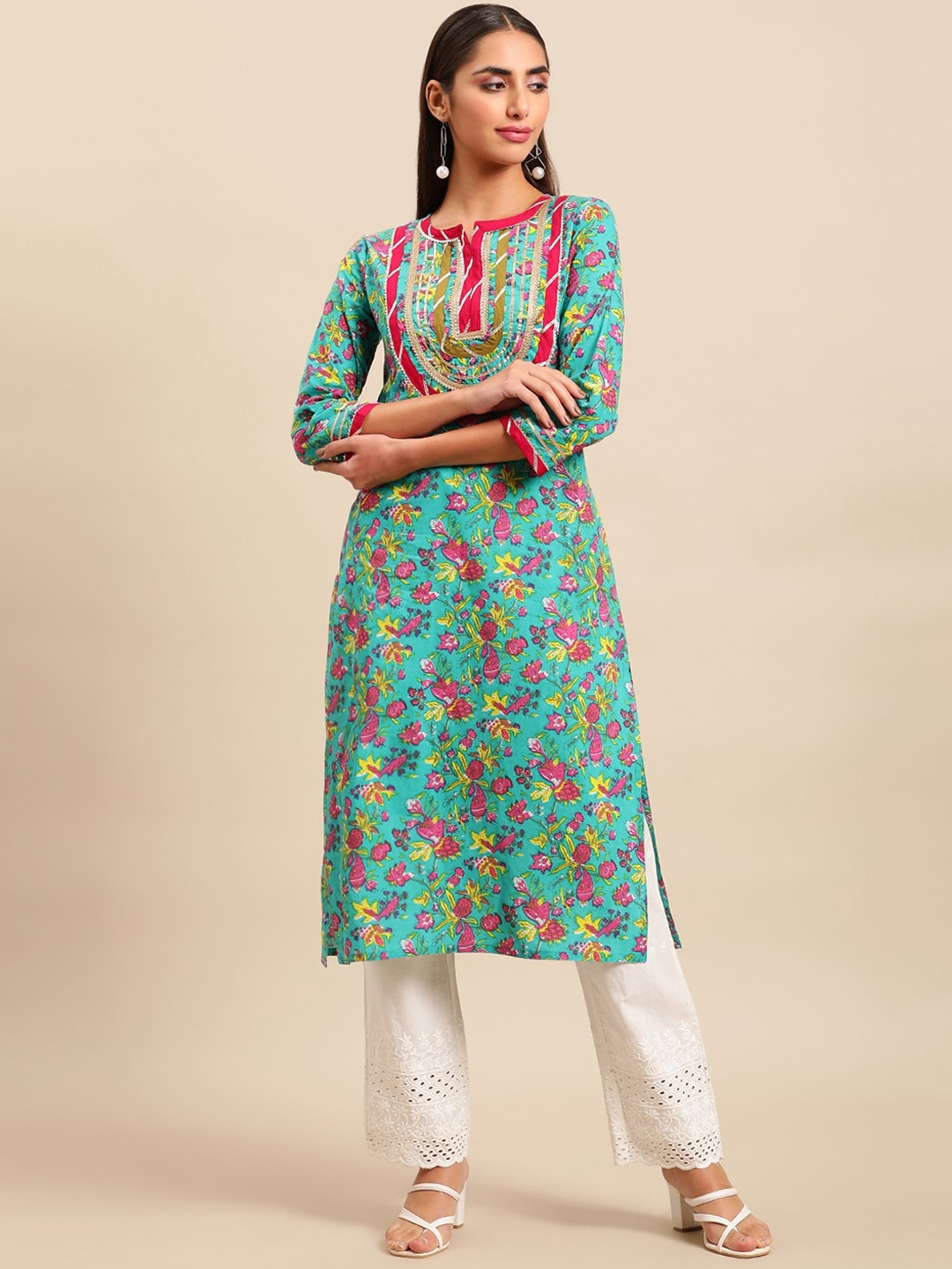 

Sangria Women Floral Printed Gotta Patti Floral Kurta, Sea green