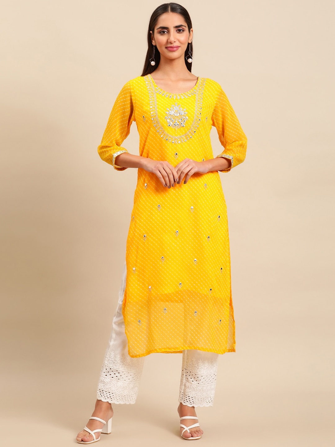 

Sangria Women Ethnic Motifs Printed Mirror Work Indie Prints Kurta, Yellow