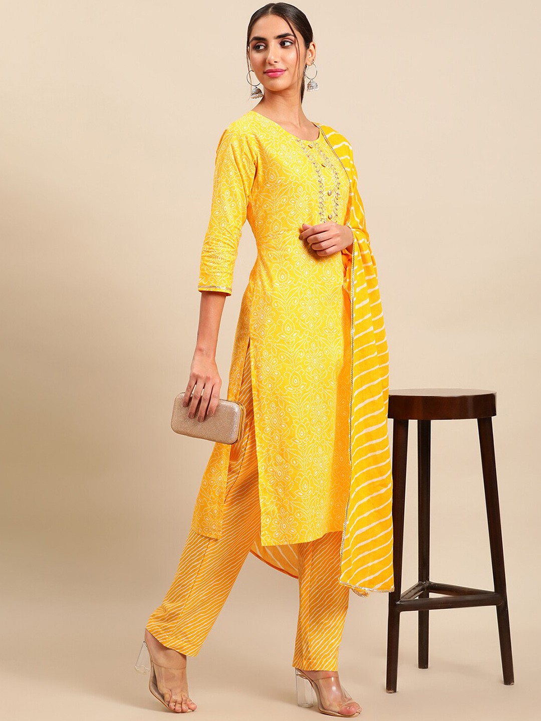 

Sangria Women Floral Printed Thread Work Pure Cotton Kurta with Trousers & Dupatta, Yellow