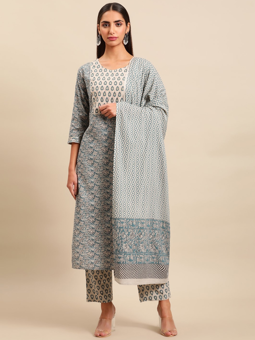 

Sangria Women Floral Printed Pure Cotton Kurta with Trousers & Dupatta, Grey