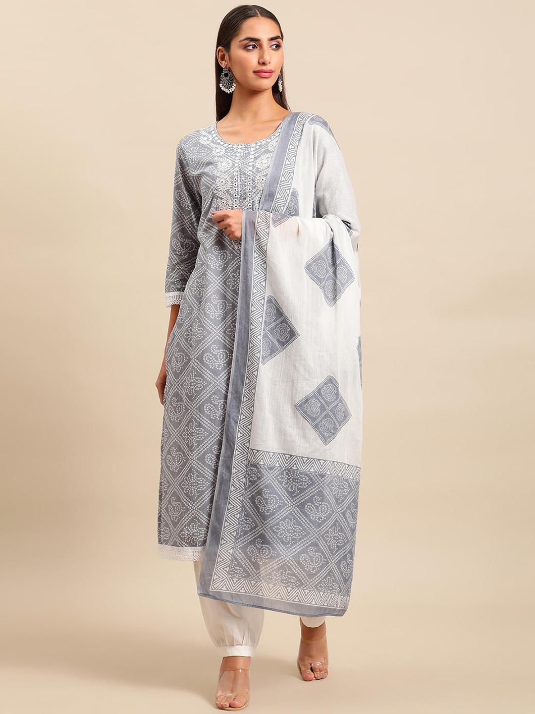 

Sangria Women Bandhani Printed Thread Work Pure Cotton Kurta With Salwar & Dupatta, Grey