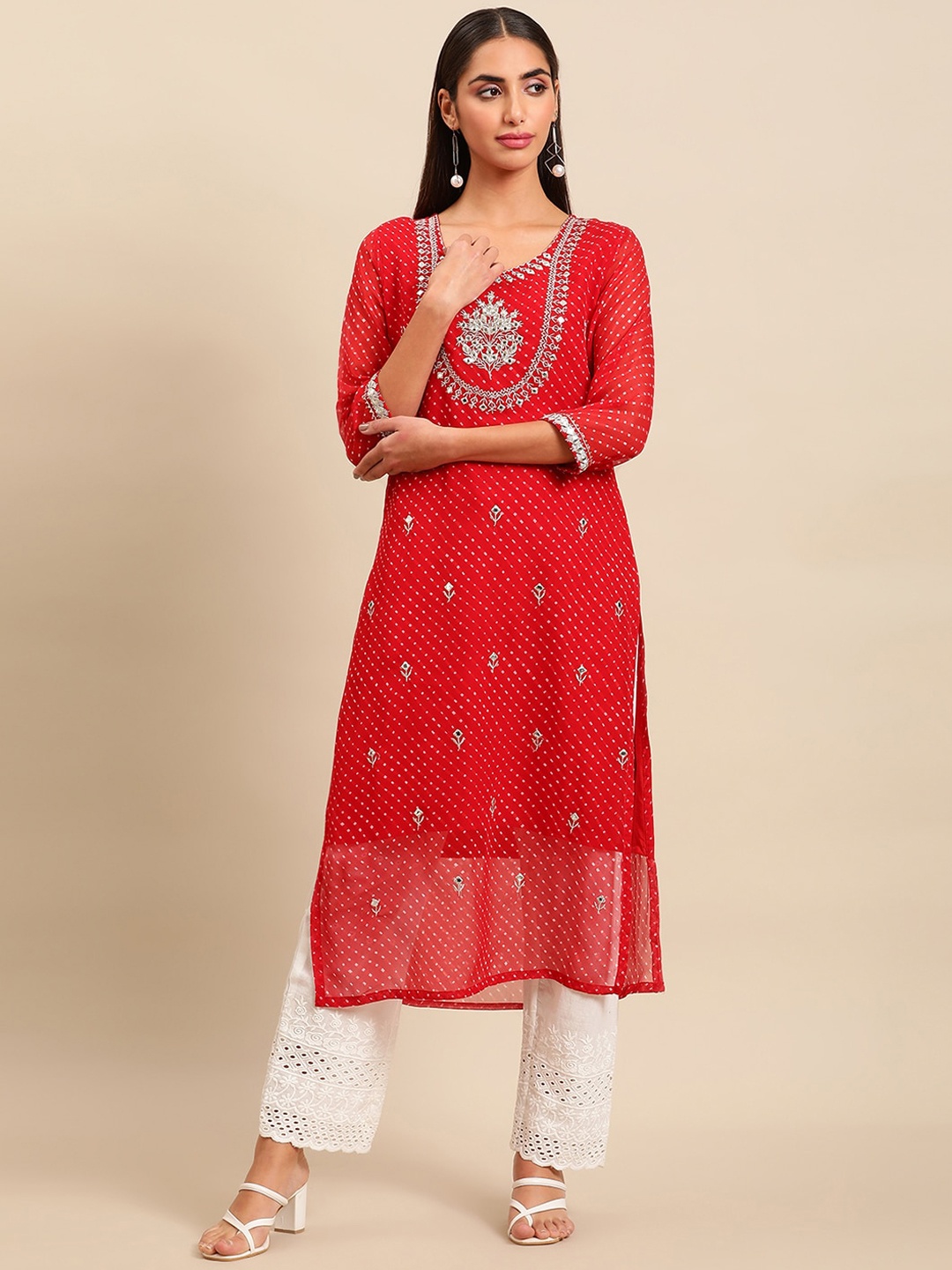 

Sangria Women Yoke Design Mirror Work Indie Prints Cotton Kurta, Red