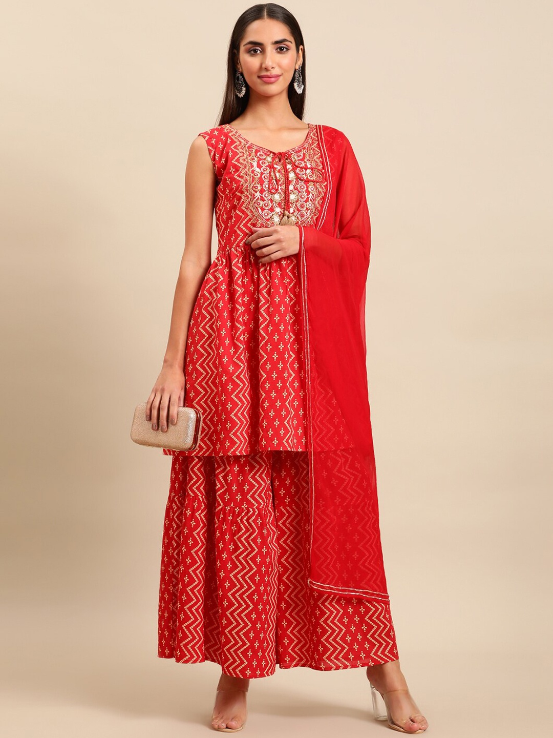 

Sangria Women Bandhani Printed Thread Work Pure Cotton Kurti With Sharara & Dupatta, Red