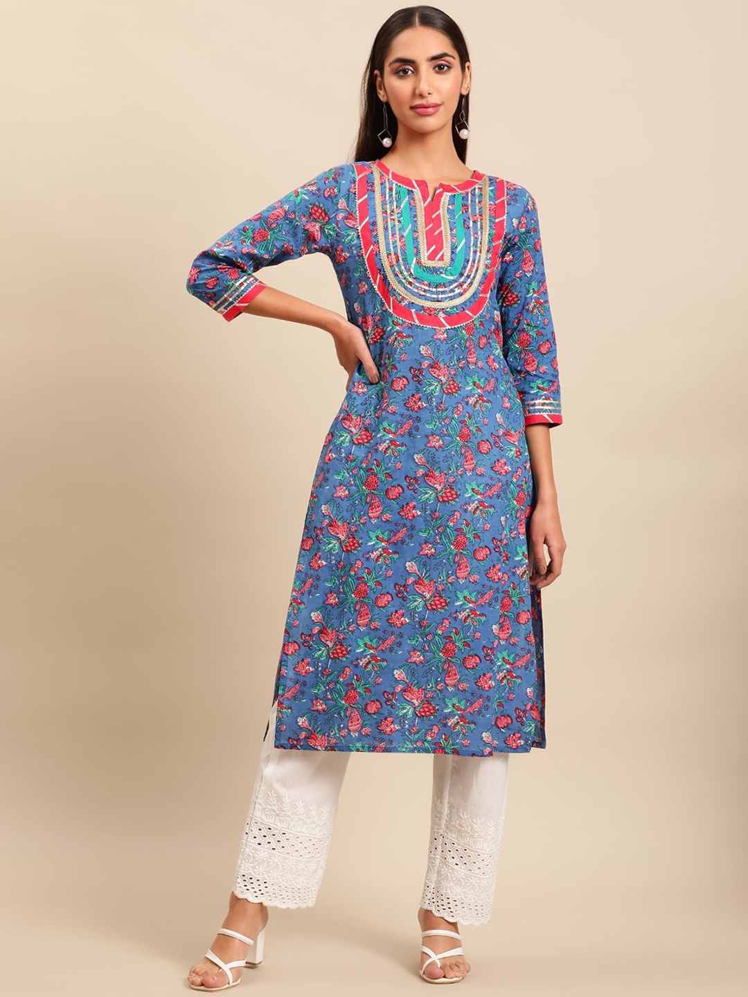 

Sangria Women Floral Printed Gotta Patti Floral Cotton Kurta, Blue