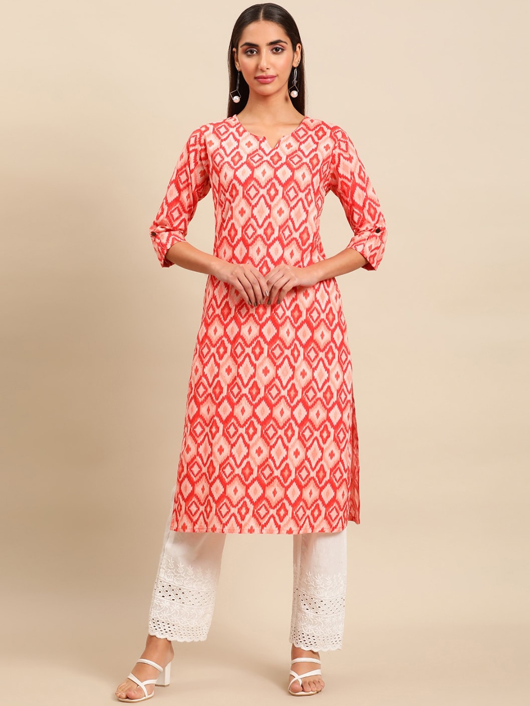

Sangria Notched Neck Geometric Printed Kurta, Red