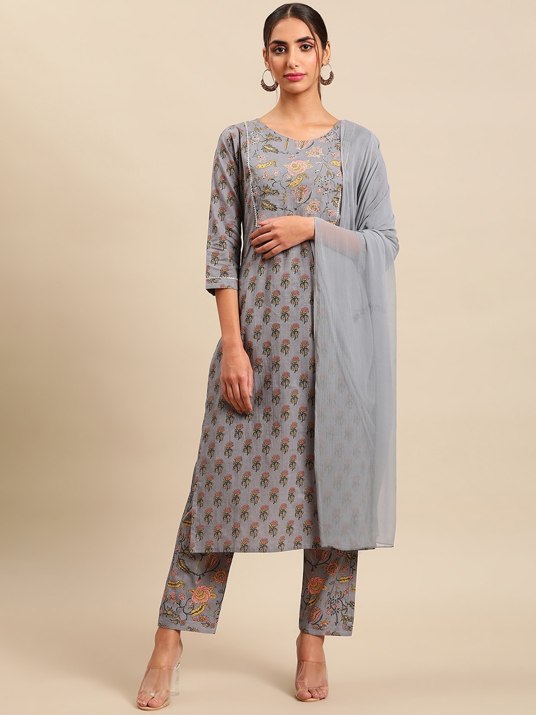 

Sangria Women Floral Printed Gotta Patti Pure Cotton Kurta With Trousers & Dupatta, Grey