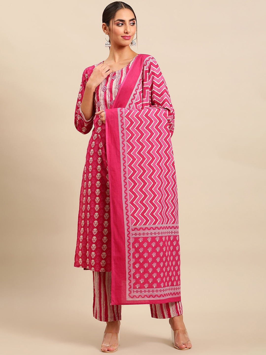 

Sangria Women Ethnic Motifs Printed Pure Cotton Kurta with Trousers & With Dupatta, Pink