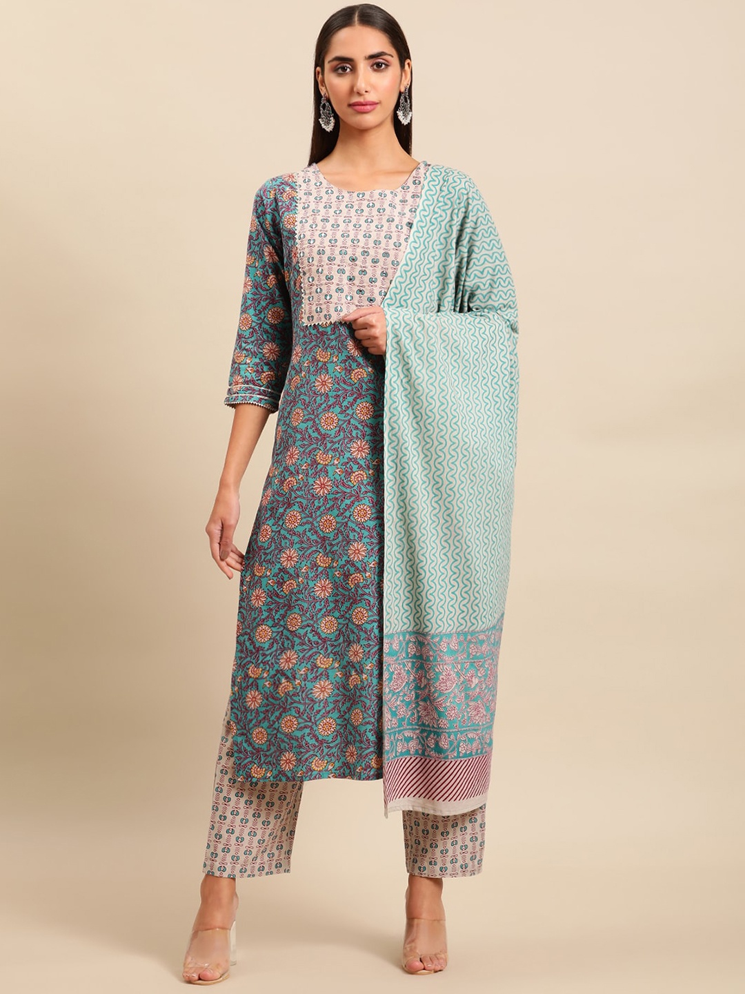

Sangria Women Floral Printed Pure Cotton Kurti with Trousers & With Dupatta, Blue