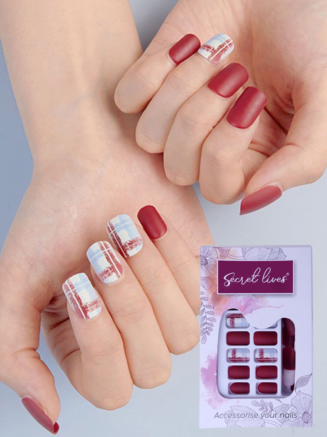 

Secret Lives 24 Pcs Matte Check Deisgn Fake Nails - Maroon