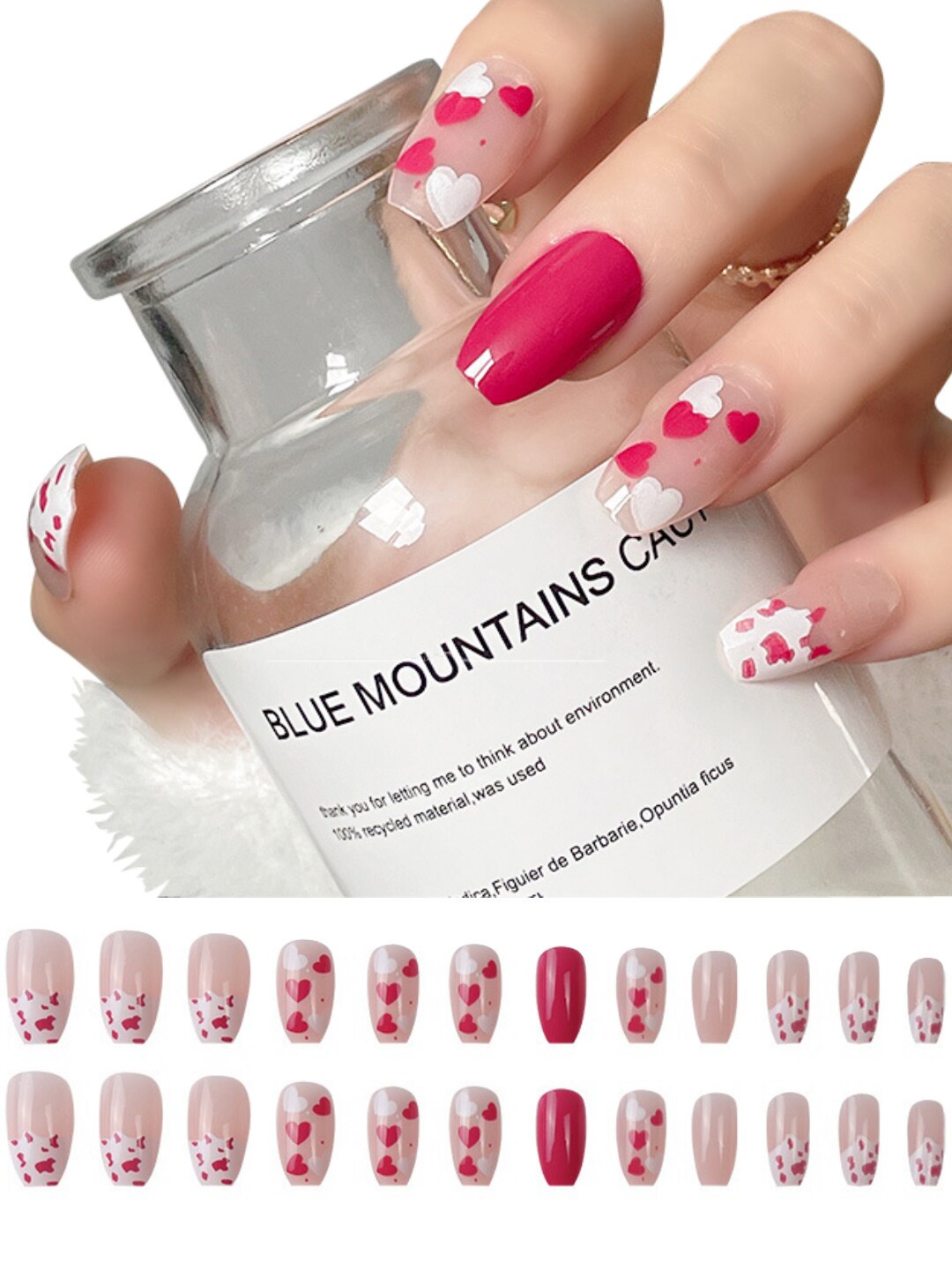 

Secret Lives 24 Pcs Glossy Fake Nails with Heart Design - Red & White