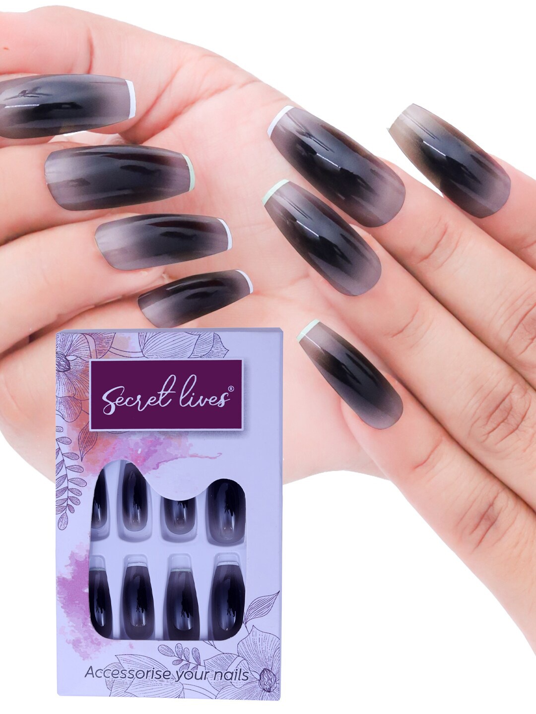 

Secret Lives 24 Pcs Plain Long Gloss Fake Nail Extension - Black