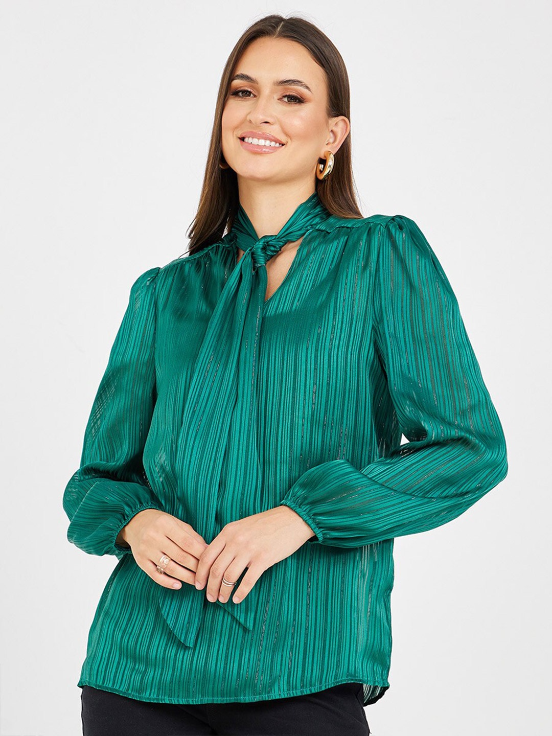 

Styli Striped Tie-Up Neck Shirt Style Top, Green