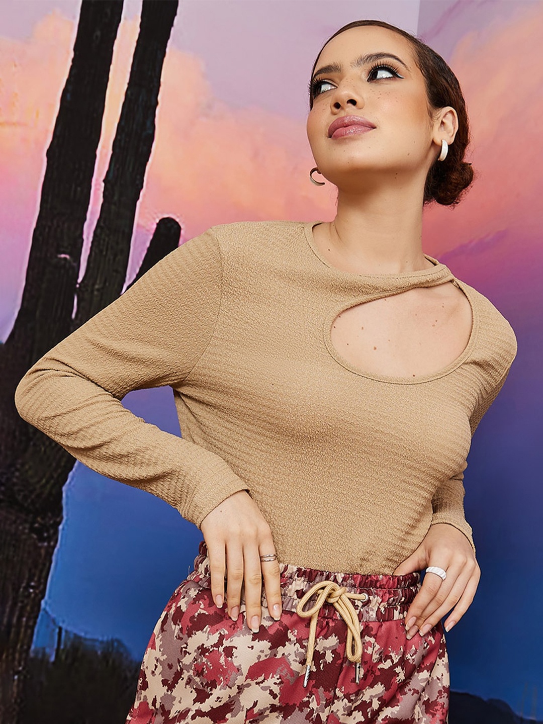 

Styli Cut Out Long Sleeves Top, Beige