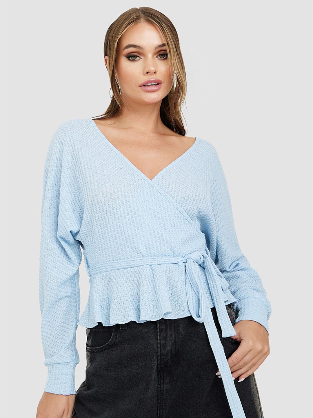 

Styli Waist Tie Ups Wrap Top, Blue