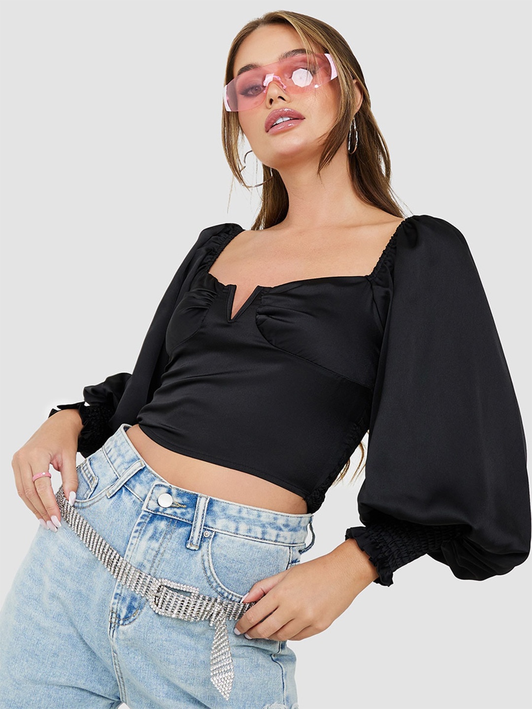 

Styli Bishop Sleeves Crop Top, Black