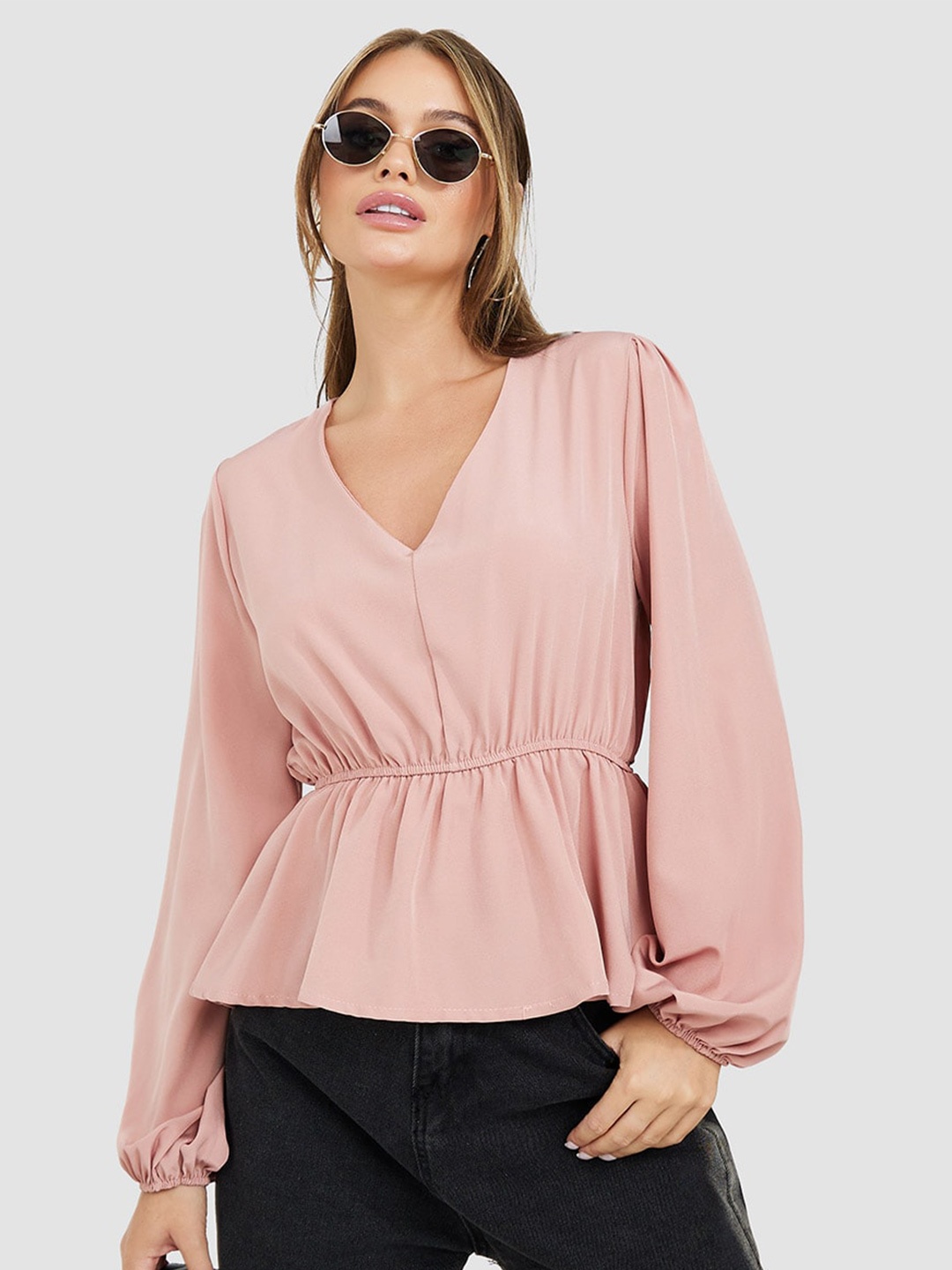 

Styli Puff Sleeves Cinched Waist Top, Peach